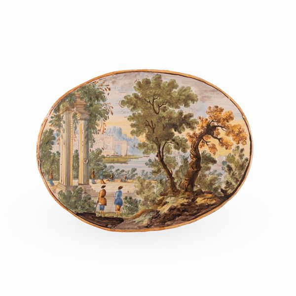 Nicola Cappelletti - Mattonella ovale in maiolica decorata con un paesaggio