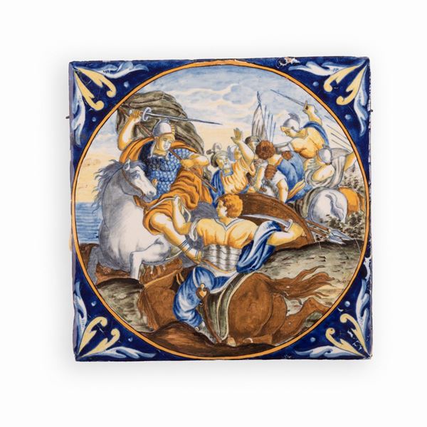 Manifattura napoletana del XIX secolo - Mattonella maiolicata decorata con una scena bellica.