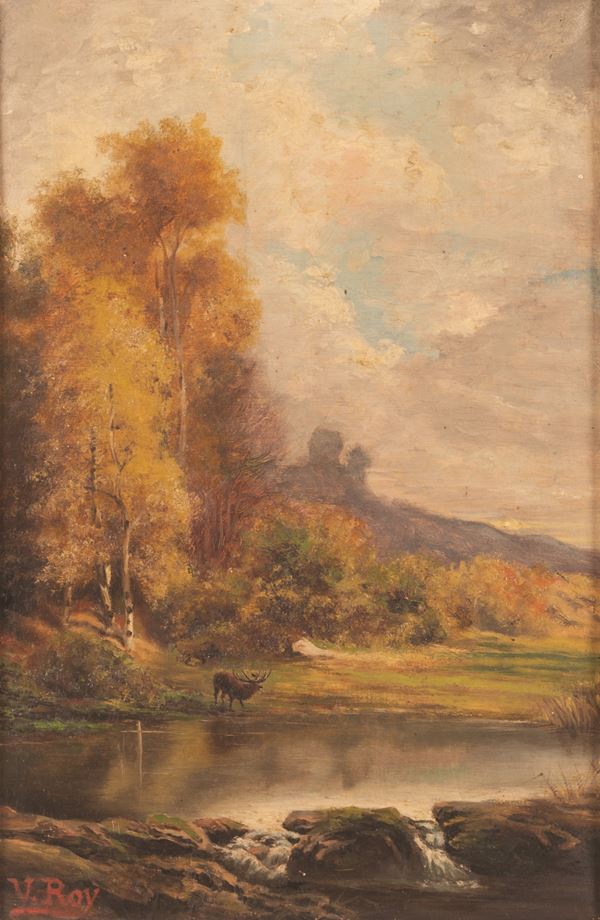 Pittore del Nord Europa del XIX secolo - Paesaggio con cervo firmato U. Roy. 