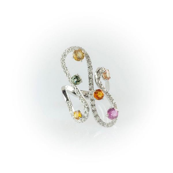 Singular Gismondi 18 kt white gold ring with sapphires of various colors and white diamonds 