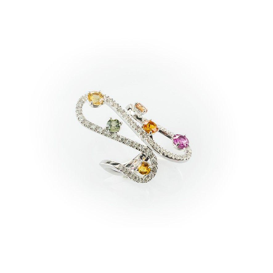 Anello Fantasia Gismondi Realizzato in Oro Bianco con Zaffiri di Vari Colori e Diamanti Bianchi