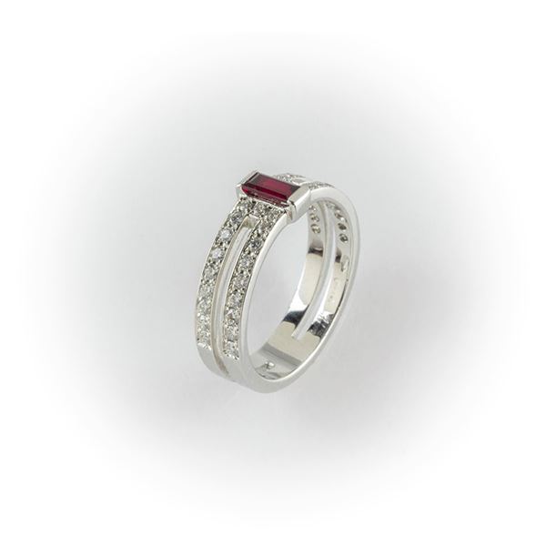 Gismondi band ring in white gold with brilliant cut diamonds and central rectangular cut ruby
