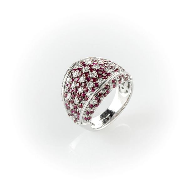 Recarlo white gold ring enriched by rubies and diamonds mixed pavè