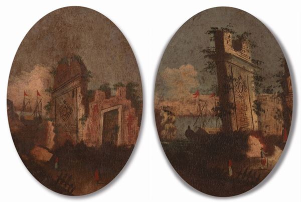 Scuola Marchigiana XVIII secolo - Coppia di ovali con capricci, rovine e figure in cornici coeve intagliate. 