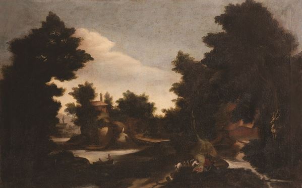 Pittore fiammingo del XVIII secolo - Dipinto raffigurante la conversione di Sant'Eustachio