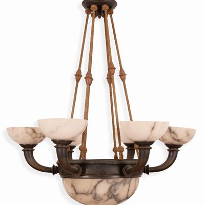 Lampadario a 6 Luci in Bronzo e Alabastro D'epoca Decò