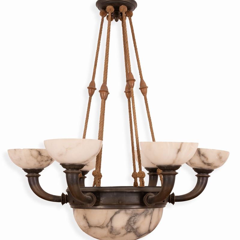 Lampadario a 6 Luci in Bronzo e Alabastro D'epoca Decò