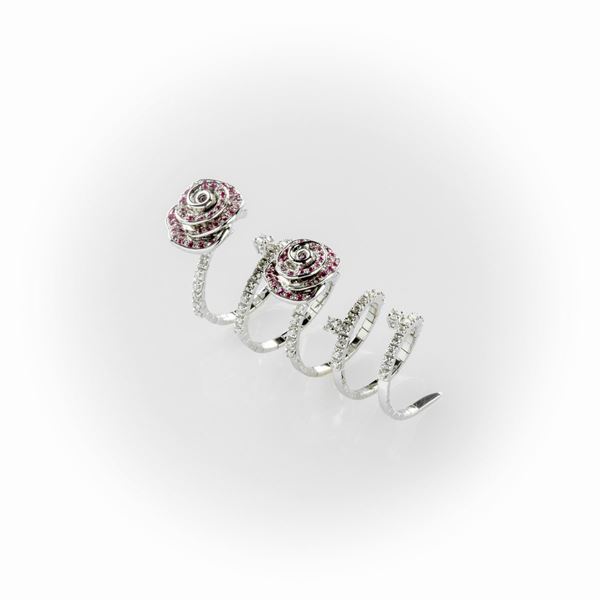 Anello a spirale Gismondi realizzato in oro bianco con diamanti taglio brillante e una fantasia di due rose con pavè di zaffiri rosa 