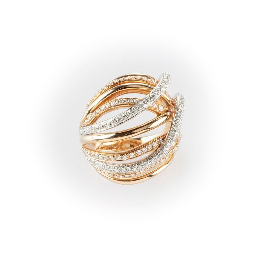 Anello a Fascia Recarlo in Oro Bianco e Oro Rosa con Movimento di Pavè di Diamanti Lungo Montatur...