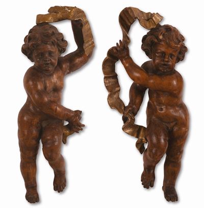 Coppia di Sculture Lignee Raffiguranti Putti Reggifestoni Dorati a Mecca