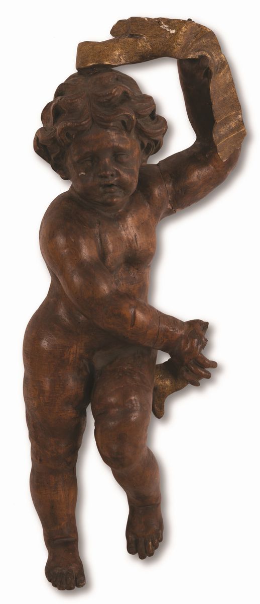 Manifattura Romana del XVII Secolo - Coppia di Sculture Lignee Raffiguranti Putti Reggifestoni Do...
