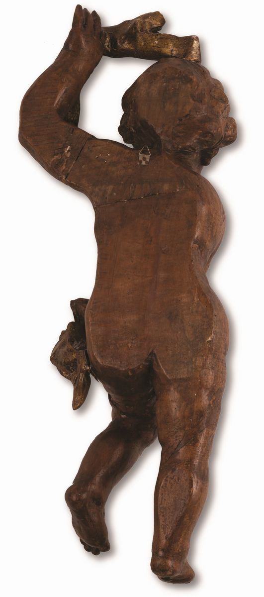 Manifattura Romana del XVII Secolo - Coppia di Sculture Lignee Raffiguranti Putti Reggifestoni Do...