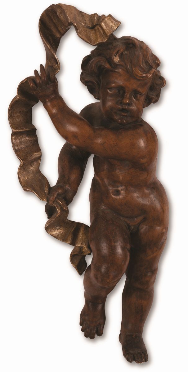 Manifattura Romana del XVII Secolo - Coppia di Sculture Lignee Raffiguranti Putti Reggifestoni Do...