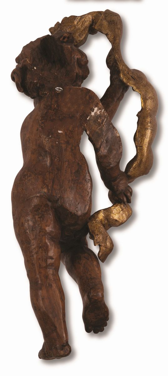 Manifattura Romana del XVII Secolo - Coppia di Sculture Lignee Raffiguranti Putti Reggifestoni Do...