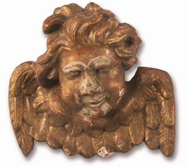 Manifattura Dell'italia Centrale - Scultura in Legno Dorato Raffigurante Volto di Cherubino