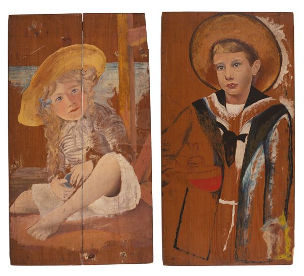Pittore dell'Italia del Nord - Coppia di dipinti ad olio su tavola. Ritratti di famiglia.