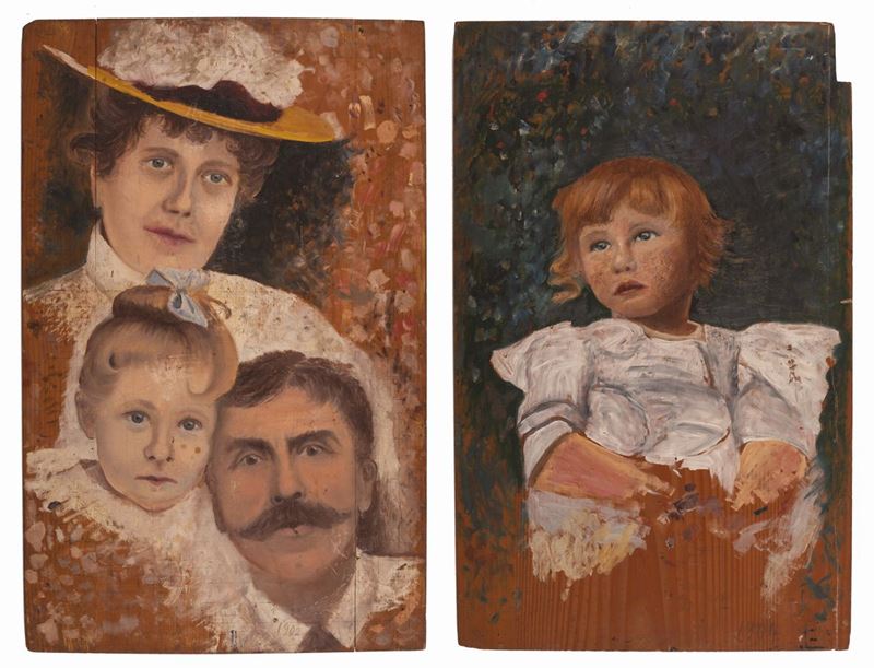 Pittore Dell'italia del Nord - Coppia di Dipinti Raffiguranti Bambina e Ritratto di Famiglia