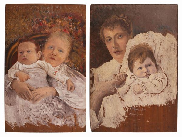 Pittore dell'Italia del Nord - Coppia di dipinti ad olio su tavola. Ritratti di famiglia