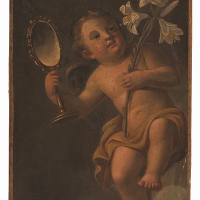 Frammento di Dipinto Ad Olio Raffigutante Angelo con Giglio