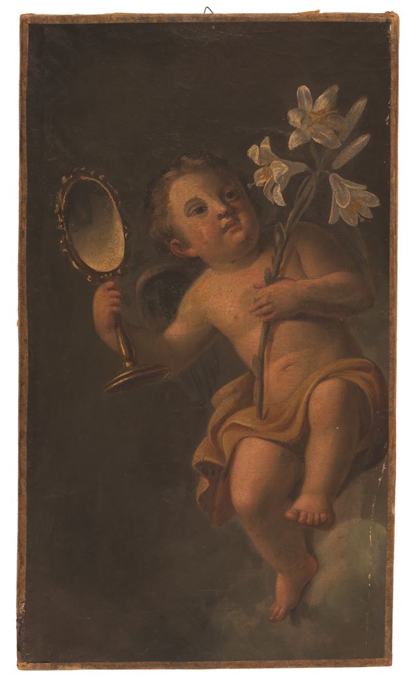 Scuola Romana fine XVIII secolo - Frammento di dipinto ad olio raffigutante angelo con giglio