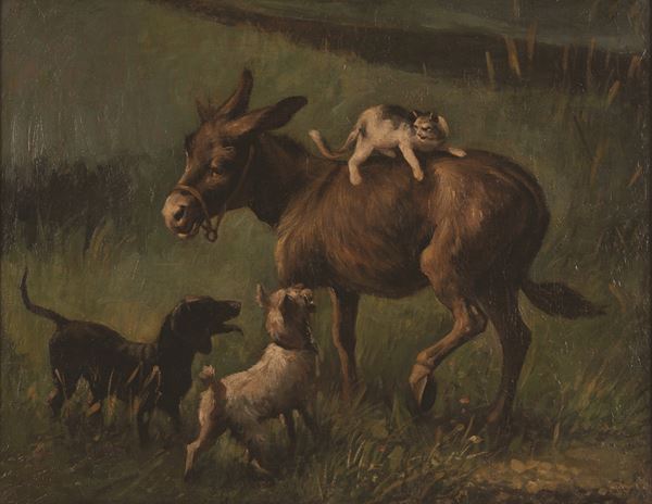 Pittore italiano del XIX secolo - Gioco di animali nell'aia