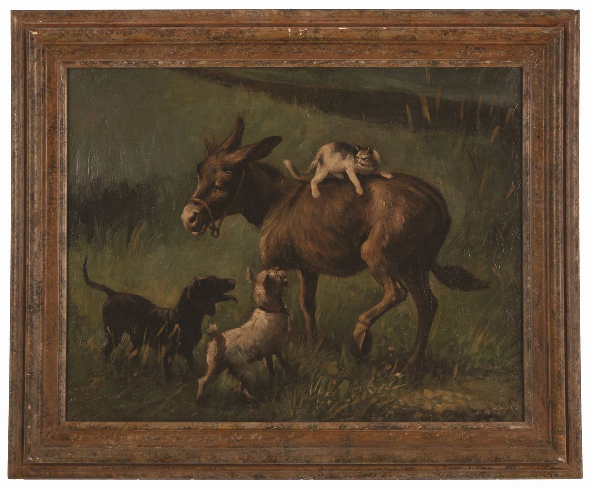 Pittore Italiano del XIX Secolo - Gioco di Animali Nell'aia