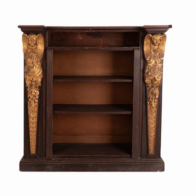 Piccola Libreria in Legni Vari con Cariatidi Angolari di Gusto Eclettico in Legno Intagliato e Do...