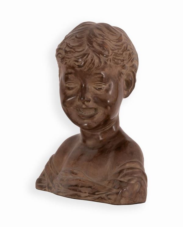 Manifattura romana del XX secolo - Calco in terracotta dipinta raffigurante volto di fanciullo