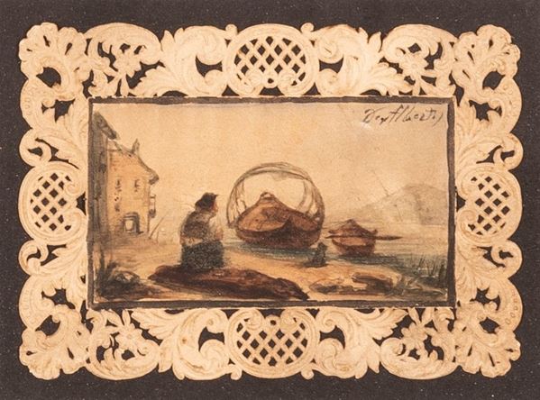 Sebastiano  De Albertis - Marina con pescatore e barche