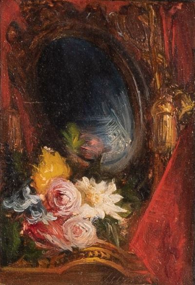 Natura Morta con Specchiera e Fiori