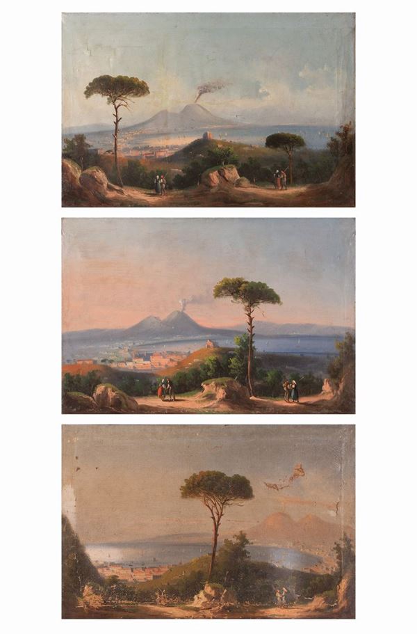 Scuola napoletana del XIX secolo - Lotto di tre vedute del golfo di Napoli con Vesuvio