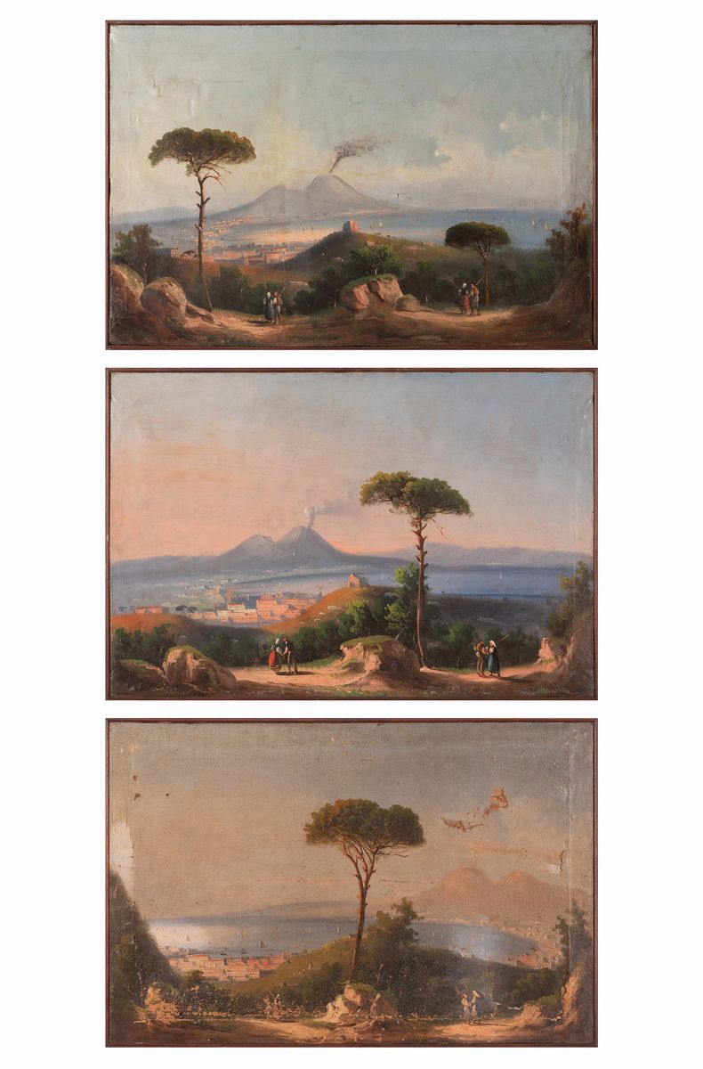 Scuola Napoletana del XIX Secolo - Lotto di Tre Vedute del Golfo di Napoli con Vesuvio