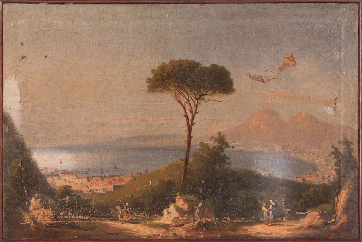 Scuola Napoletana del XIX Secolo - Lotto di Tre Vedute del Golfo di Napoli con Vesuvio