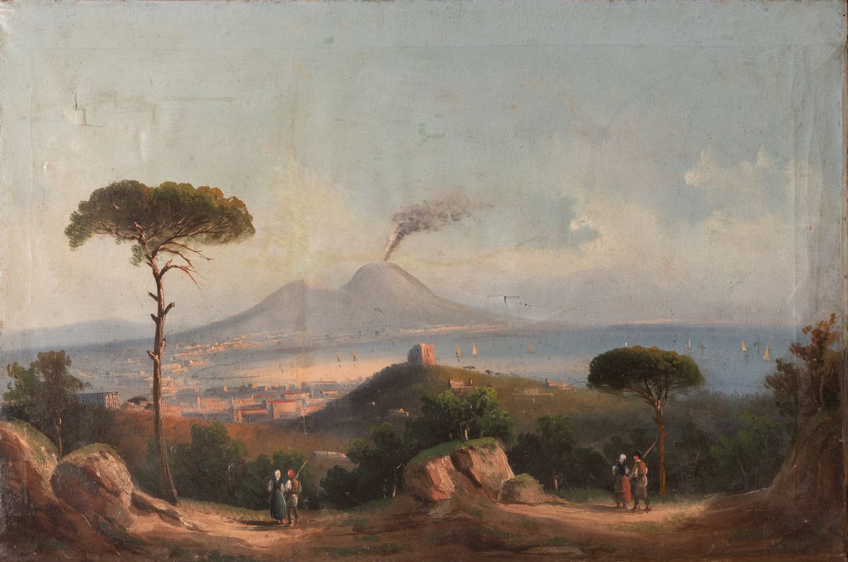 Scuola Napoletana del XIX Secolo - Lotto di Tre Vedute del Golfo di Napoli con Vesuvio