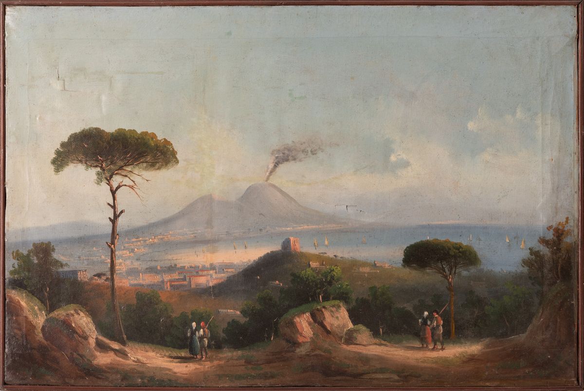 Scuola Napoletana del XIX Secolo - Lotto di Tre Vedute del Golfo di Napoli con Vesuvio