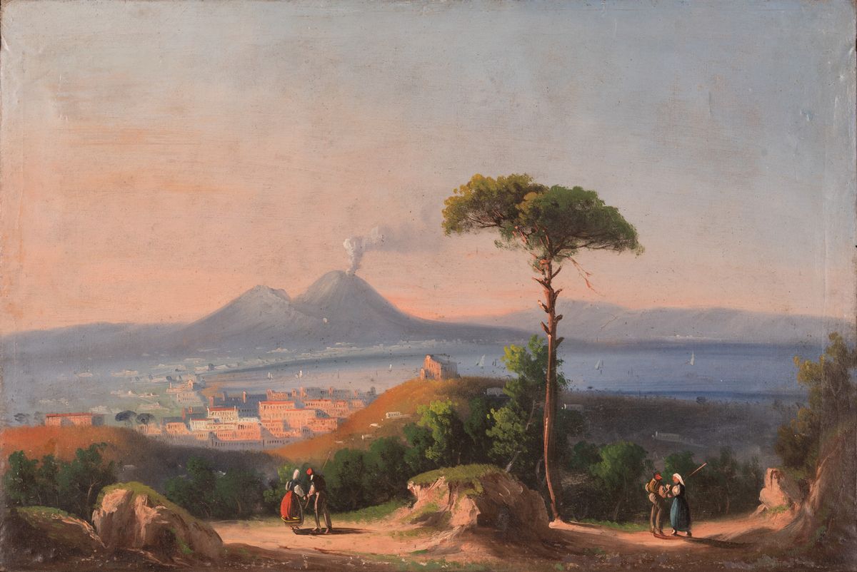 Scuola Napoletana del XIX Secolo - Lotto di Tre Vedute del Golfo di Napoli con Vesuvio