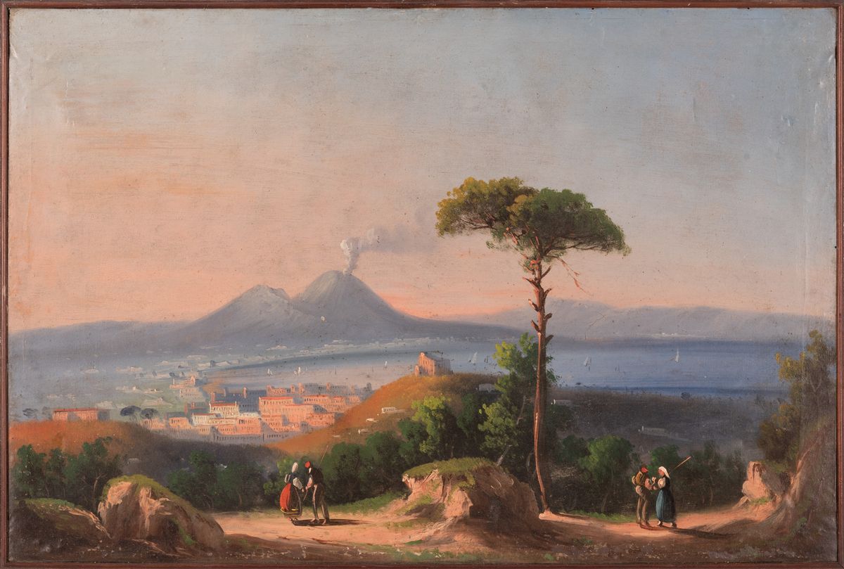 Scuola Napoletana del XIX Secolo - Lotto di Tre Vedute del Golfo di Napoli con Vesuvio
