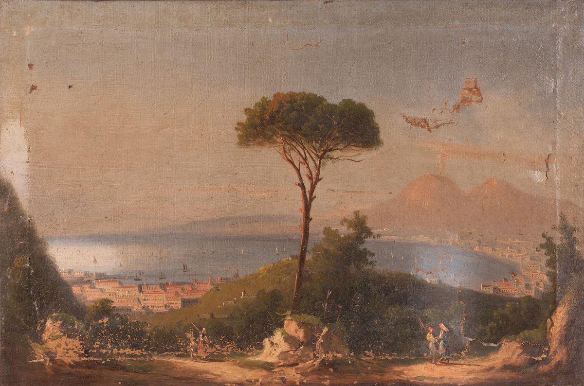 Scuola Napoletana del XIX Secolo - Lotto di Tre Vedute del Golfo di Napoli con Vesuvio