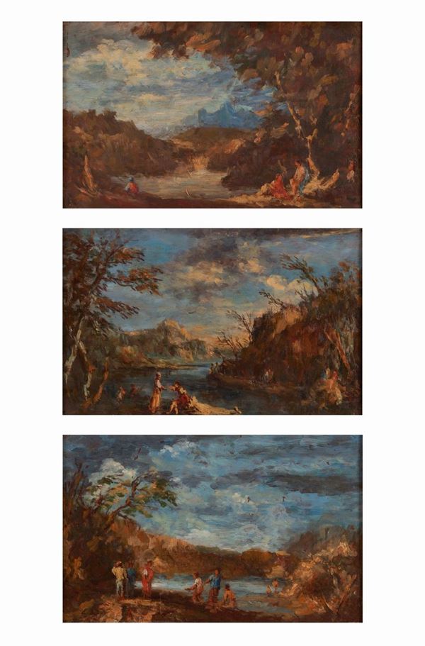 Pittore veneto del XX secolo - Tre paesaggi con figure