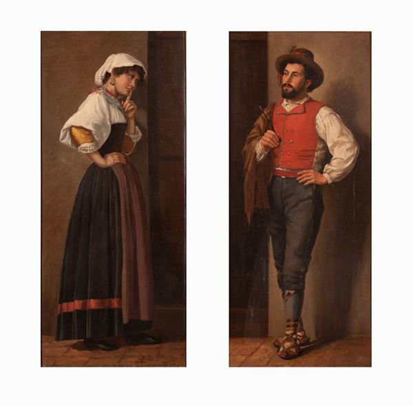 Aurelio Tiratelli - Coppia di dipinti raffiguranti figure di popolani romani