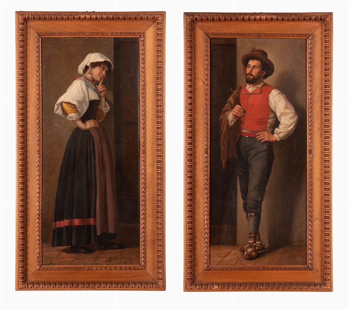 Aurelio Tiratelli - Coppia di Dipinti Raffiguranti Figure di Popolani Romani