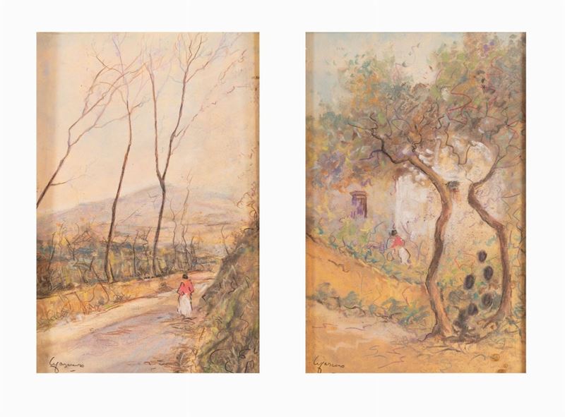 Giuseppe Casciaro - Coppia di Pastelli Raffiguranti Paesaggi
