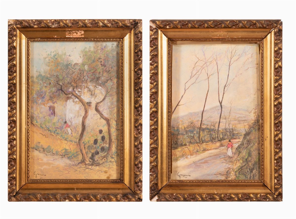 Giuseppe Casciaro - Coppia di Pastelli Raffiguranti Paesaggi