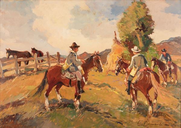 Carlo Domenici - Scena campestre con cavalli e cavalieri