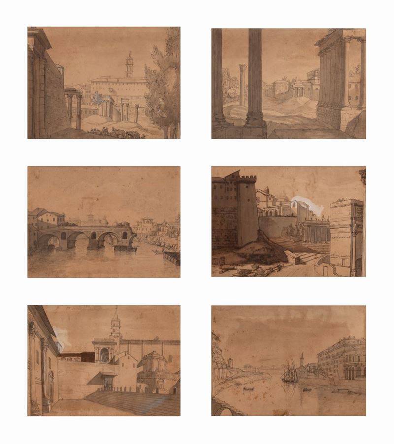 Lotto di 6 disegni raffiguranti vedute di Roma
