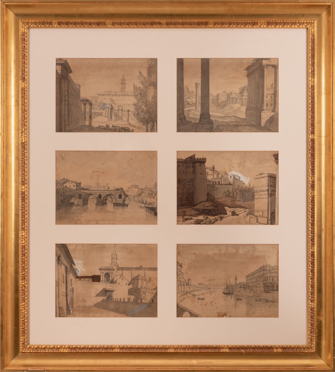 Lotto di 6 disegni raffiguranti vedute di Roma
