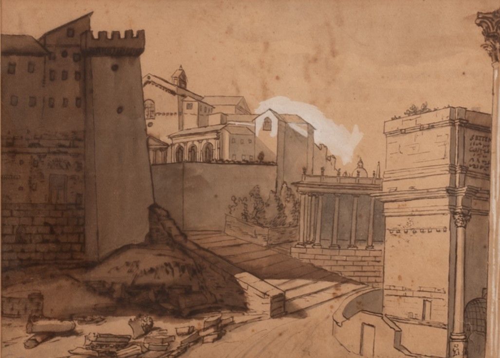 Lotto di 6 disegni raffiguranti vedute di Roma