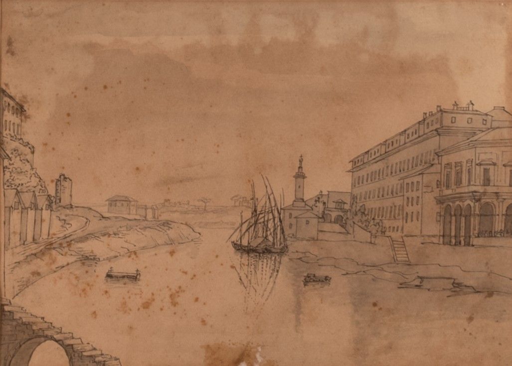 Lotto di 6 disegni raffiguranti vedute di Roma