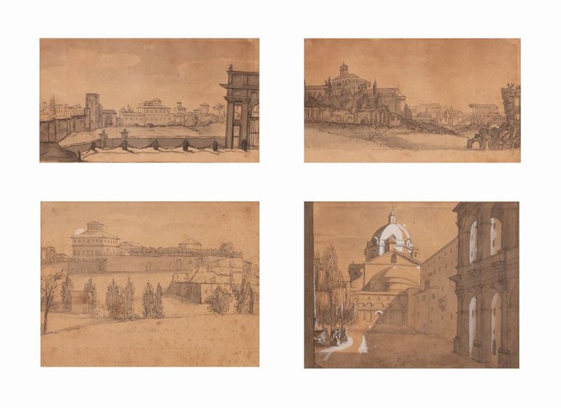 Lotto di 4 disegni raffiguranti vedute di Roma