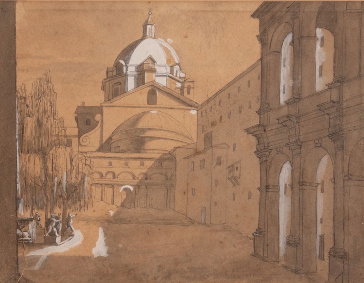 Lotto di 4 disegni raffiguranti vedute di Roma